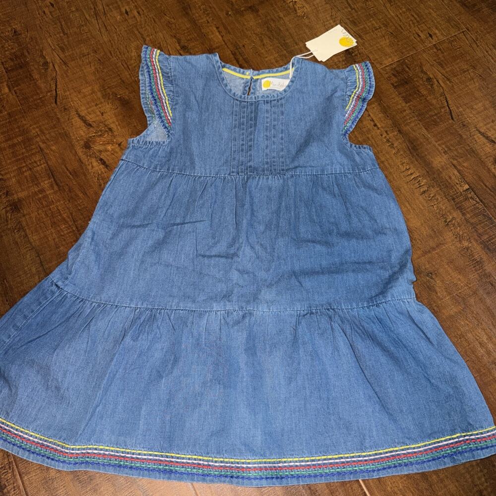 Mini Boden Girls Blue Denim/Lined A-Line Dress 6-7Y Ruffle Sleeve